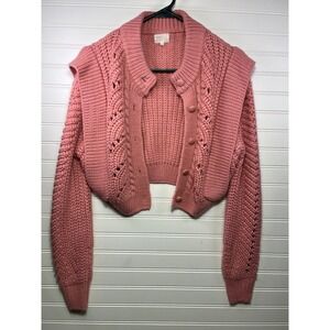 dee elly Pink Cropped Cable Knit Cardigan Sweater Size S